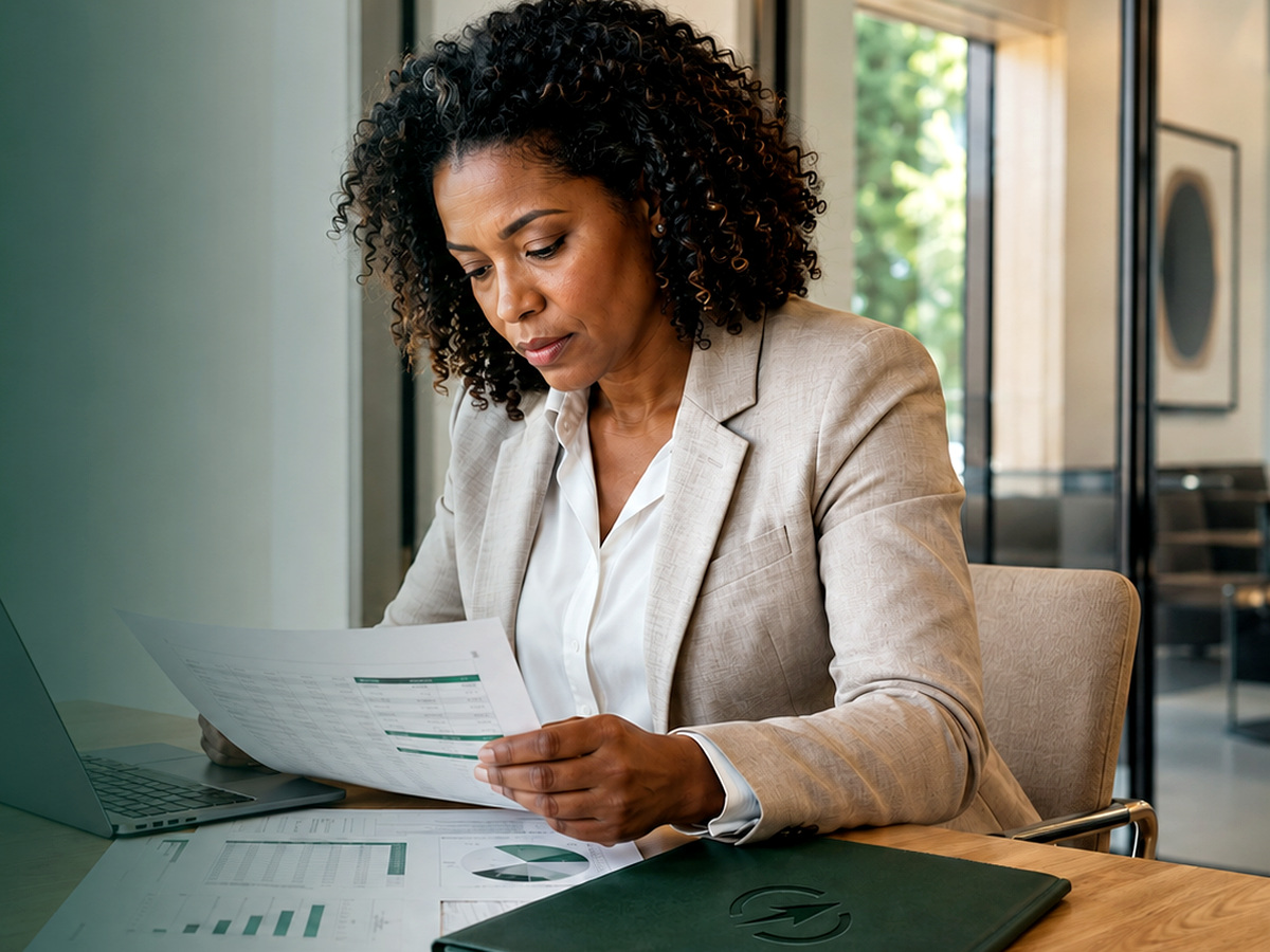 A business buyer reviewing acquisition financial statements at a desk with a laptop and printed reports.