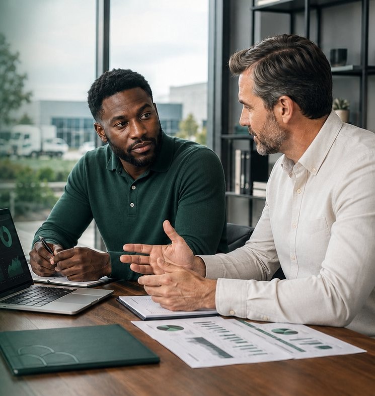 An advisor reviewing financial reports with a business owner