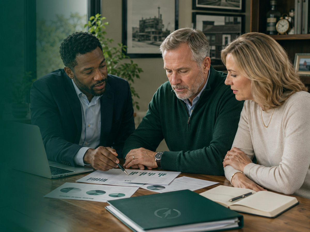 Two business owners reviewing sale readiness information with an advisor at a conference table.